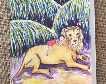 Lion Rider Greeting Card Art Card Framable Note Card Blank Inside 5x7