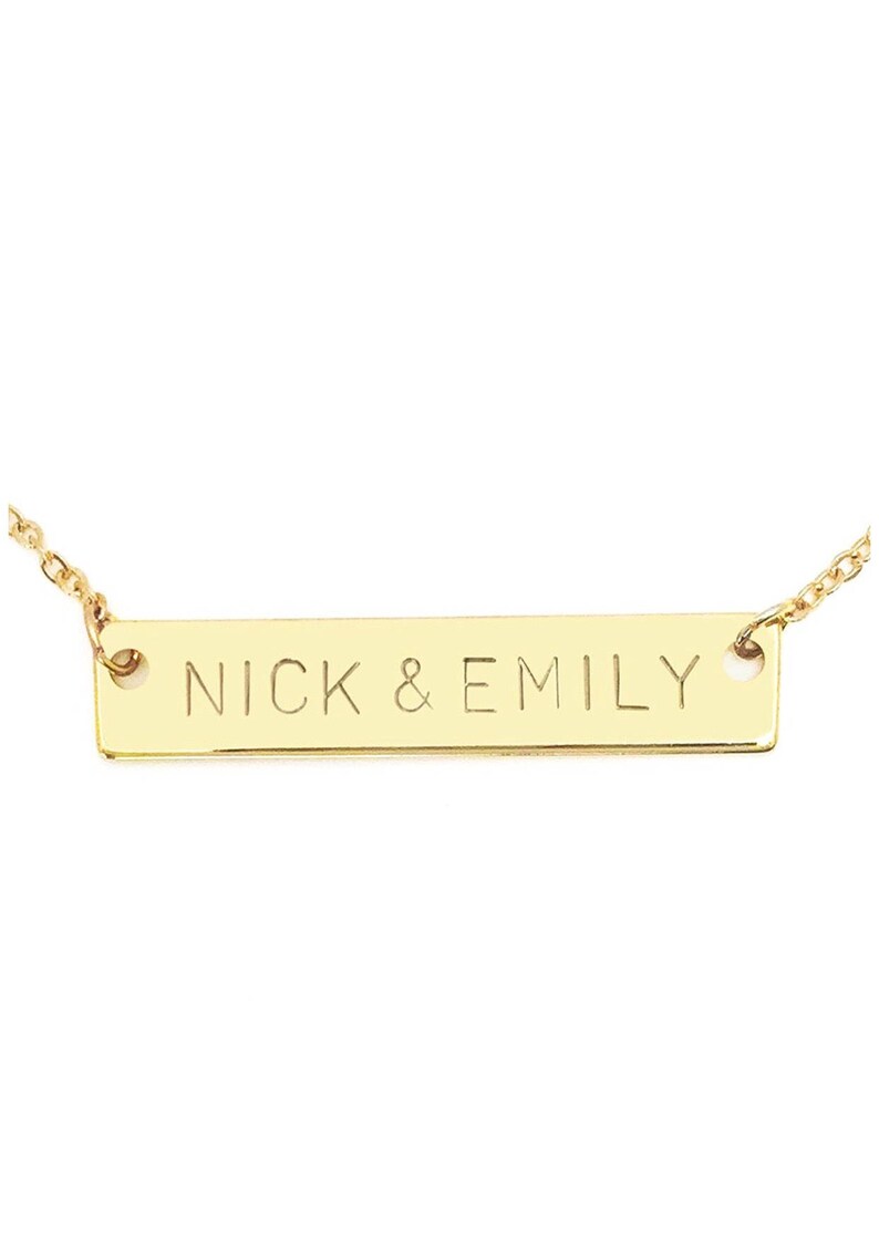 Name Necklace Personalized Necklace Name Plate Bar Necklace Bridesmaid Gift Initial Necklace Art Deco 14kt Gold id necklace pendant