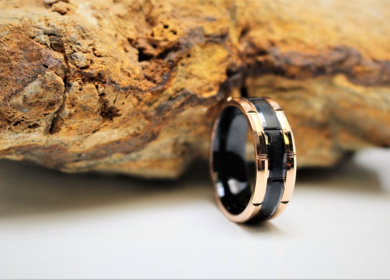 8mm Rose Gold Tungsten Carbide Ring Brushed Black Section Cut - Etsy