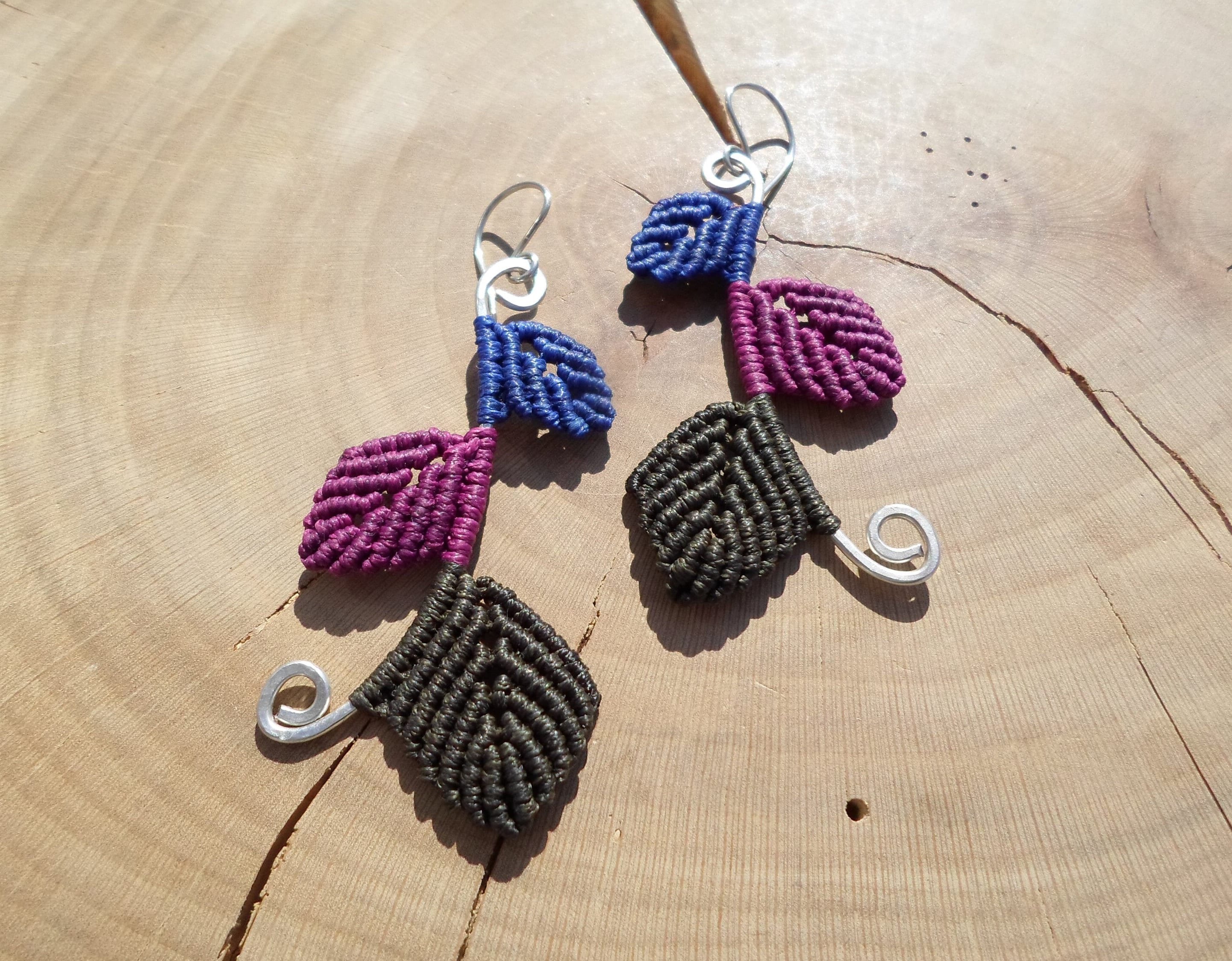 Long Macrame Leaf Earrings With Sterling Silver, Colorful Macrame