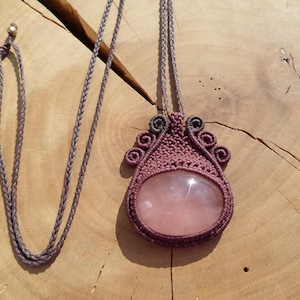 Rose Quartz Macrame Necklace, Modern Micromacrame Jewelry, Long Crystal Necklace, Boho Pink Stone Necklace, Love Amulet, Mothers Gift