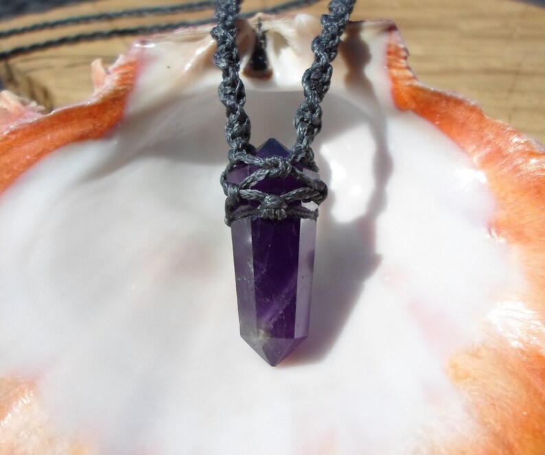 Double Terminated Amethyst Necklace Amethyst Crystal Point Necklace Boho Mens Necklace, Amethyst Crystal Pendant Amethyst Macrame