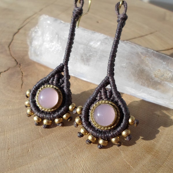 Rose Quartz Macrame Earrings with Brass, Long Rose Quartz Earrings, Bohemian Stone Earrings, Unique Micro Macrame Jewelry