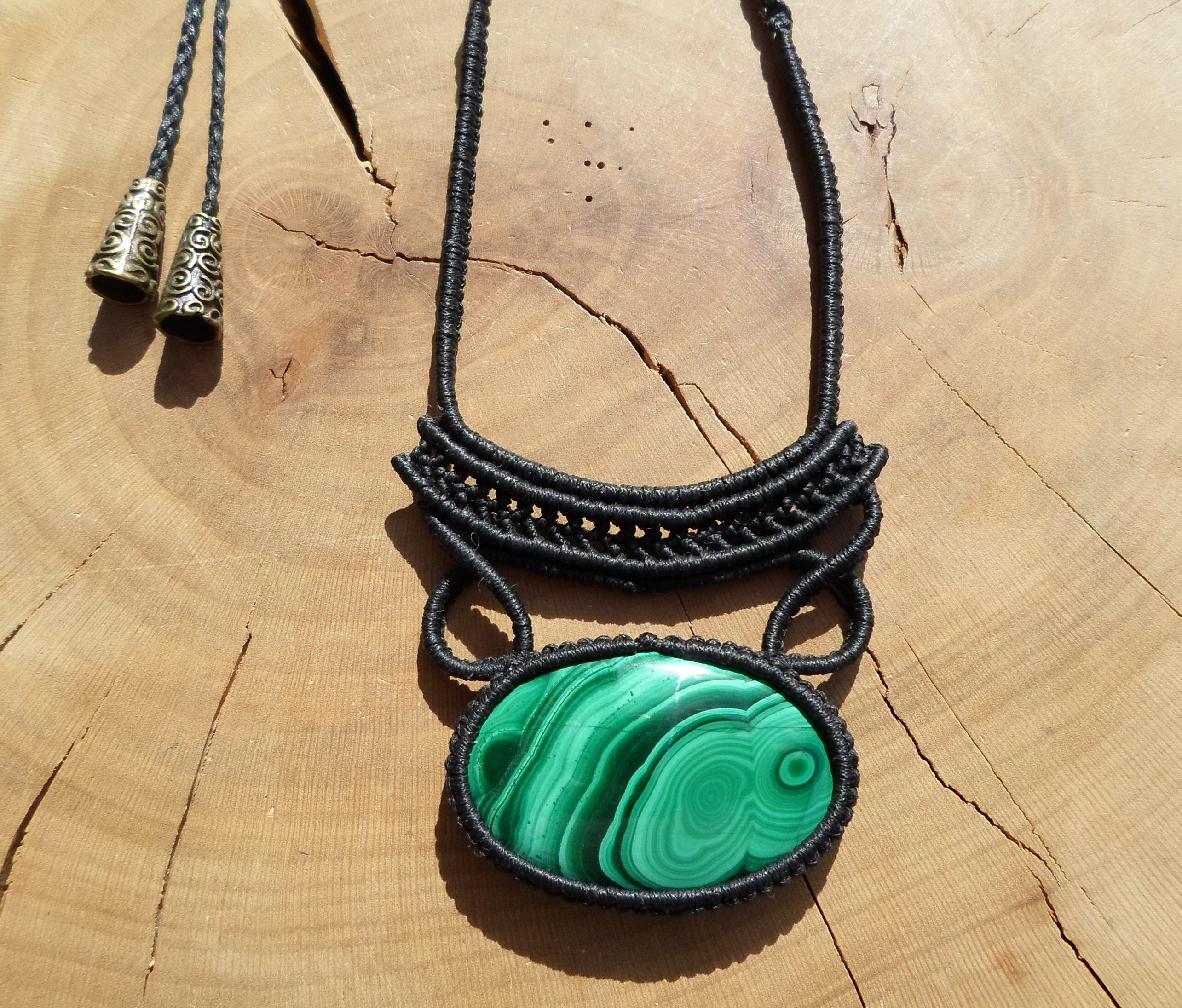 Malachite Macrame Necklace for Women, Bohemian Statement Necklace, Black Macrame Necklace with Green Gemstone, Micro Macrame Jewelry
