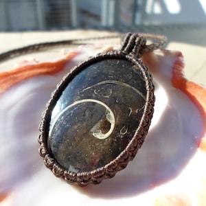 Turritella Fossil Necklace, Fossilized Sea Shell Jewelry, Macrame Pendant, Macrame Stone Necklace, Sea Lovers Necklace, Mens Boho Necklace