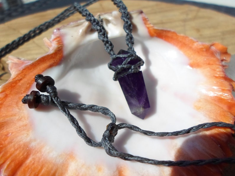 Double Terminated Amethyst Necklace Amethyst Crystal Point Necklace Boho Mens Necklace, Amethyst Crystal Pendant Amethyst Macrame