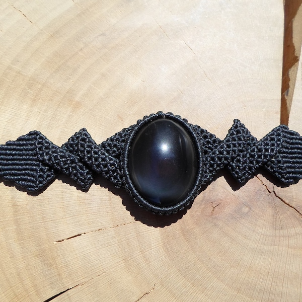 Black Obsidian Bracelet, Macrame Stone Bracelet for Women,, Black Wide Cuff Bracelet, Rainbow Obsidian Jewelry, Macrame Armband