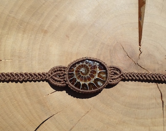 Ammonite Macrame Bracelet, Natural Fossil Bracelet, Ammonite Jewelry, Boho Womens Bracelet, Macrame Jewelry, Sacred Geometry Bracelet