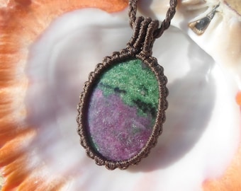 Ruby Zoisite Necklace, Macrame Stone Pendant, Ruby in Zoisite Pendant, Healing Crystal Necklace, Natural Gemstone
