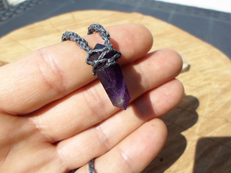 Double Terminated Amethyst Necklace Amethyst Crystal Point Necklace Boho Mens Necklace, Amethyst Crystal Pendant Amethyst Macrame
