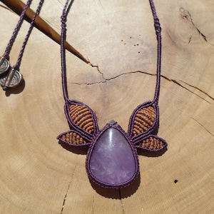 Amethyst Macrame Necklace, Macrame Flower Necklace, Bohemian Fairy Necklace, Large Stone Micro Macrame Jewelry, Purple Crystal Necklace