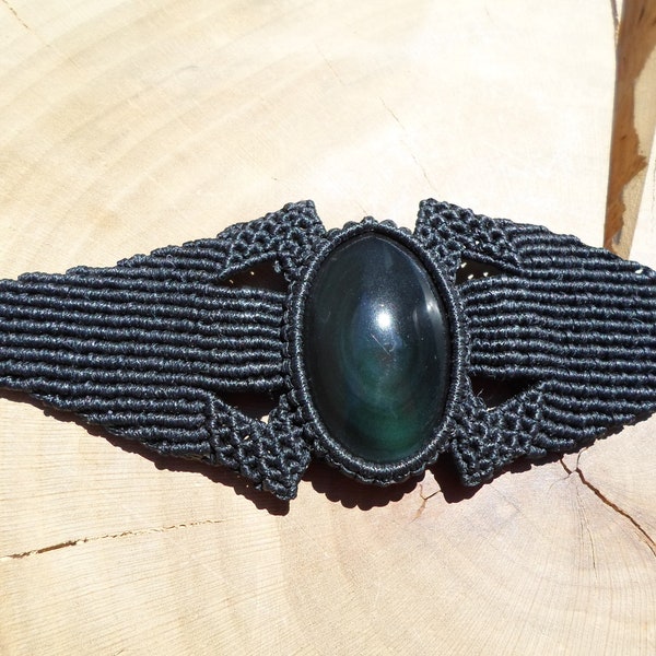 Rainbow Obsidian Macrame Bracelet, Wide Macrame Cuff Bracelet, Micro Macrame Stone Bracelet, Black Bohemian Statement Bracelet