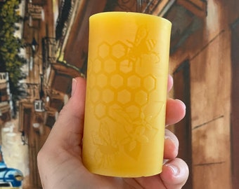 Pure Beeswax Pillar Candle ~ Unique Bee & Honeycomb Design  ~ Hand poured with love.