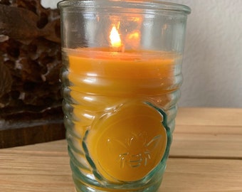 Pure Beeswax Candle ~ 100% Recycled Spanish Glass ~ Bee Hive Glass Container ~ 11 oz ~ Eco-friendly Candle ~ Hand Poured Beeswax Candle