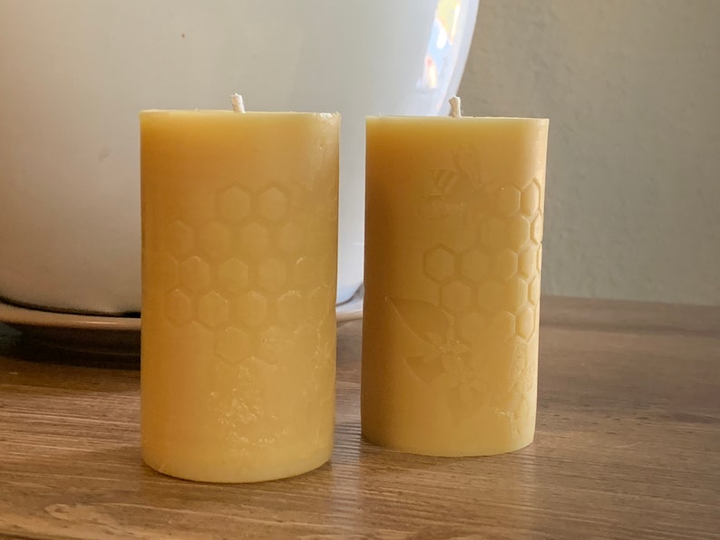 Pure Beeswax Pillar Candle Set Unique Bee & Honeycomb Design Candle Gift Set Gift Set Hand poured with love. image 2