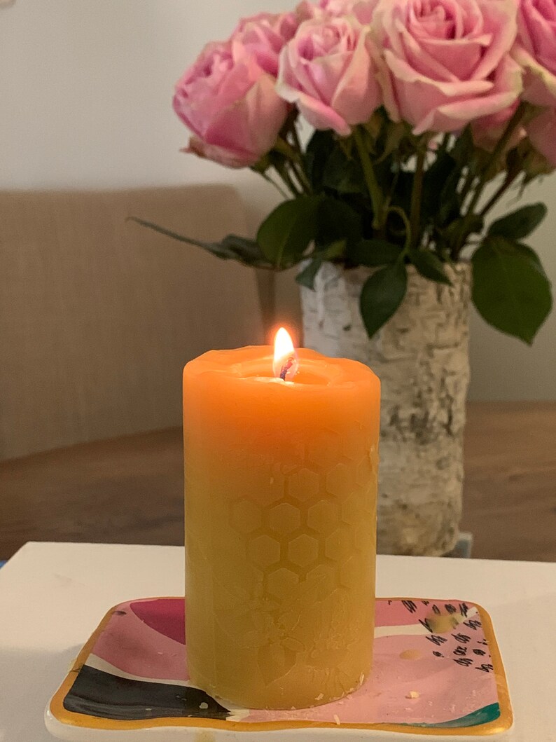 Pure Beeswax Pillar Candle Set Unique Bee & Honeycomb Design Candle Gift Set Gift Set Hand poured with love. image 9