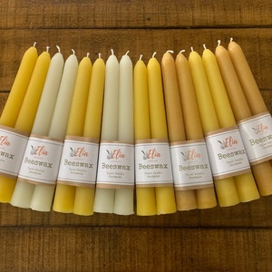 100 % Pure Beeswax Taper Candles ~ 7&quot; Long ~ Set of 4 ~ White Beeswax ~ Yellow Beeswax ~ Hand poured with love.