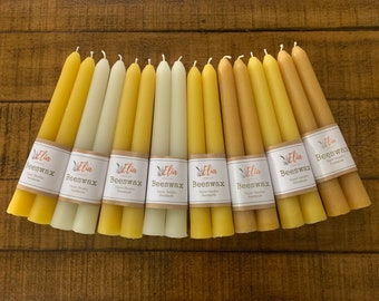 100 % Pure Beeswax Taper Candles ~ 7" Long ~ Set of 4 ~ White Beeswax ~ Yellow Beeswax ~ Hand poured with love.