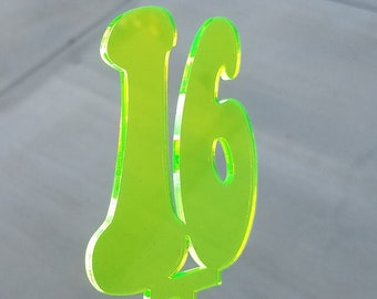 Groovy Hippie 1960s style retro Birthday Cake Topper any number Edge Glow Fluorescent acrylic cake decor, Sweet 16, anniversary, retirement.