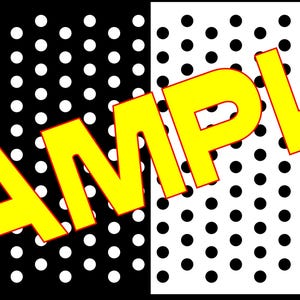 Può includere: Design grafico con sfondo diviso. Il lato sinistro è nero con pois bianchi e il lato destro è bianco con pois neri. La parola "SAMPLE" è scritta sull'immagine in lettere gialle con un contorno rosso.