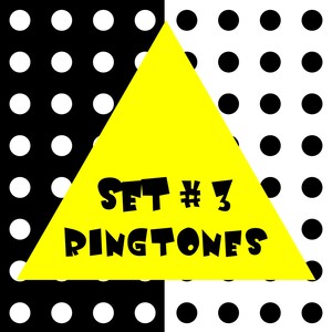 May include: A graphic design with a yellow triangle overlaying a black and white polka dot pattern. The text "SET # 3 RINGTONES" is in bold, black letters.