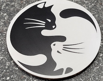 6 piece Kitty Cat yinyang coaster set black and white