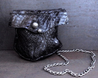 Handstitched Black alligator leather Mini Bag with Silver Chain | Luxury Designer Pouch | Elegant Evening Crossbody bag, edgy design bag.