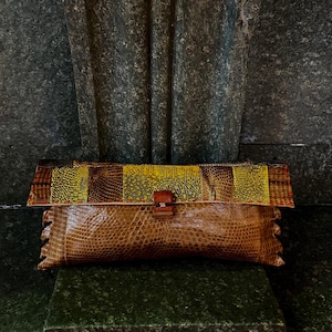 brown lizard leather purse, hand stitched clutch, smart evening purse, lizard pochette, seductive handbag, exotic luxury purse "Vesper"