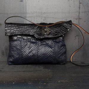 Black and blue alligator and python shoulder bag, hand stitched bag, smart fashionable pochette, stylish alligator handbag, edgy design bag
