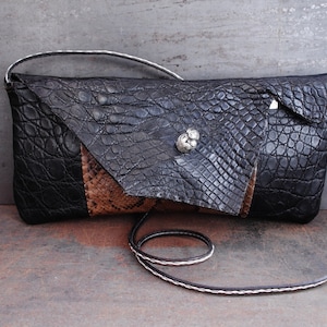Alligator and python leather clutch, hand stitched handbag, big shoulder purse, red stylish purse, large event clutch, edgy design "Preili"