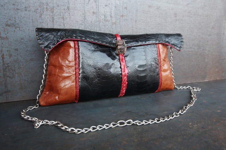 patchwork bag melopea Modernist leather shoulder bag ostrich crossbody bag Ostrich and goat leather handbag Evening handbag with chain