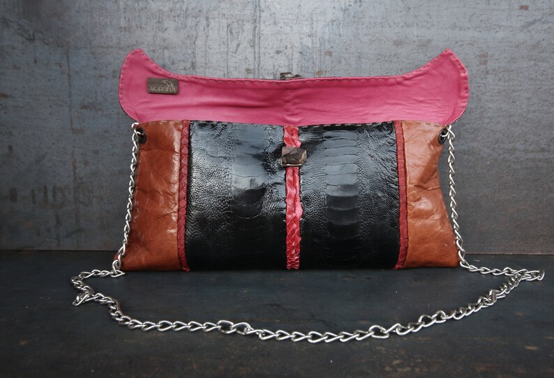 patchwork bag melopea Modernist leather shoulder bag ostrich crossbody bag Ostrich and goat leather handbag Evening handbag with chain