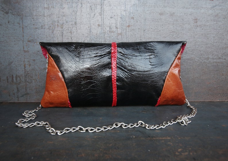 patchwork bag melopea Modernist leather shoulder bag ostrich crossbody bag Ostrich and goat leather handbag Evening handbag with chain