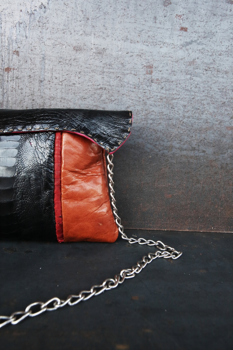 patchwork bag melopea Modernist leather shoulder bag ostrich crossbody bag Ostrich and goat leather handbag Evening handbag with chain