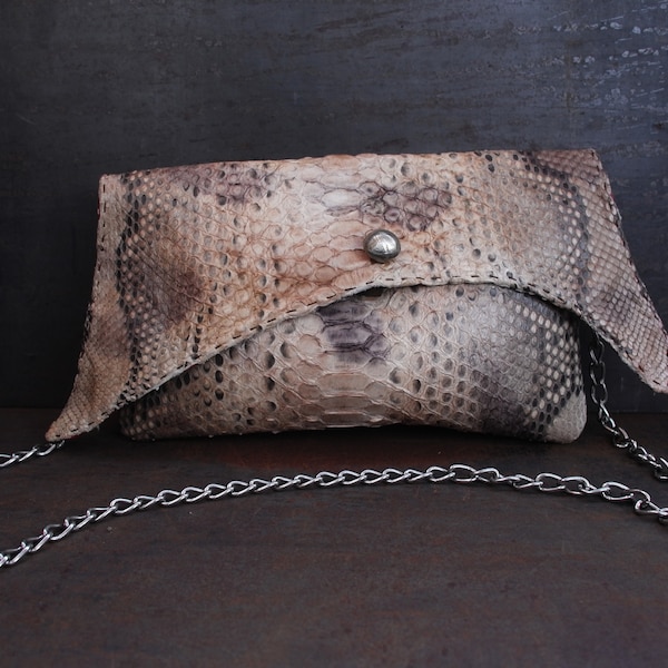 Python leather purse, hand stitched handbag, luxury leather pochette, large purse for events, fashion chainy clutch, mottled python "vesper"