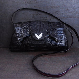 Luxury black alligator leather pochette, hand stitched handbag, smart evening bag, black stylish alligator bag, seductive clutch, "Madaura"