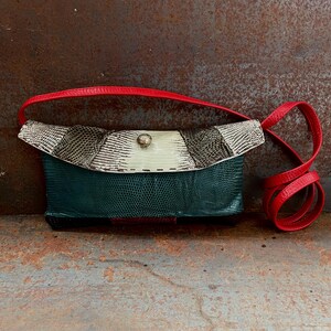 Green leather patchwork design bag, leather shoulder clutch, lizard leather handbag, white, black, purple leather pocket bag, jewelry design
