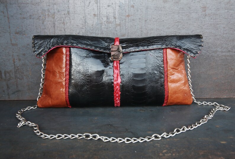 patchwork bag melopea Modernist leather shoulder bag ostrich crossbody bag Ostrich and goat leather handbag Evening handbag with chain