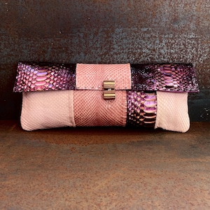 Purple Python clutch, pink handbag, leather purse, python purse, purple metal clutch, handstitched bag, evening handbag, fashion design bag
