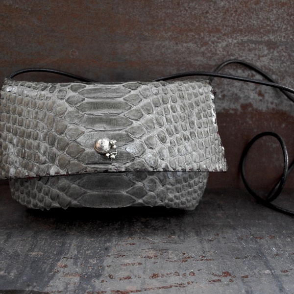 Grey python and black aligator pochette, smart event bag, wish list bag, grey shoulder bag, stylish aligator purse, hand stitched bag "lion"