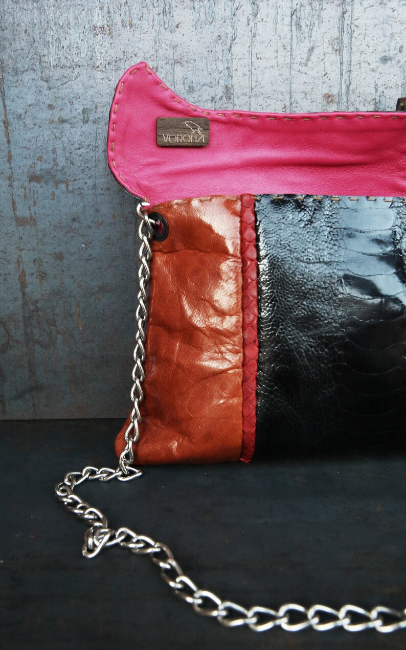 patchwork bag melopea Modernist leather shoulder bag ostrich crossbody bag Ostrich and goat leather handbag Evening handbag with chain