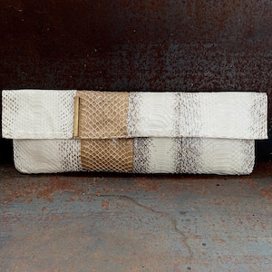 Large snake leather clutch, white snake leather handbag, handstitched white leather purse, white and yellow leather purse fashion design bag