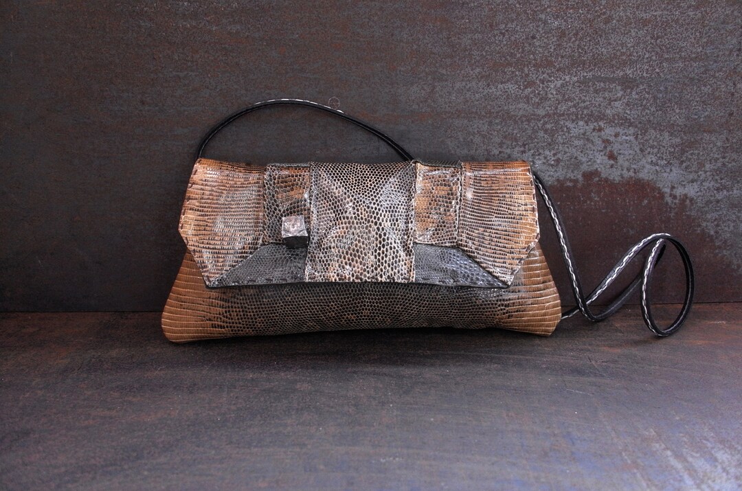 Brown Mottled Lizard Handbag, Hand Stitched Bag, Luxury Seductive ...