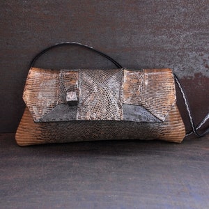 Brown Mottled lizard handbag, hand stitched bag, luxury seductive clutch, smart shoulder bag, stylish evening purse, golden pochette "Maiwa"