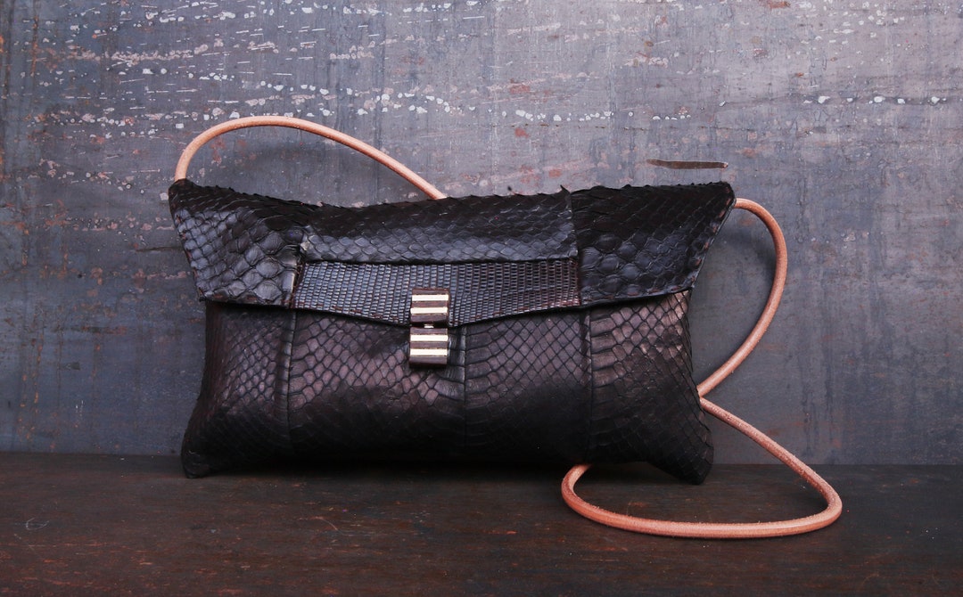 Luxury Black Python Shoulder Bag, Hand Stitched Handbag, Black Stylish ...