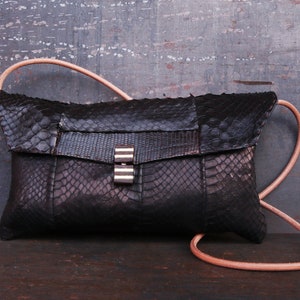 Luxury black python shoulder bag, hand stitched handbag, black stylish evening bag, smart python handbag, wish list, seductive bag "businga"
