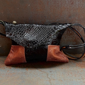 Black alligator leather handbag, hand stitched clutch, luxury lizard evening purse, smart alligator pochette, stylish leather purse "Masuleh