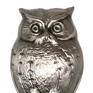 May include: A silver owl figurine with detailed feathers and large, round eyes. The owl is perched with its wings folded and its feet tucked underneath.