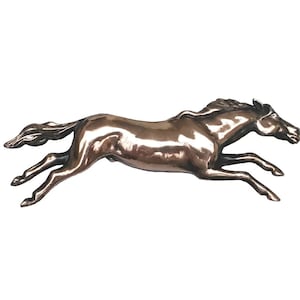 May include: A bronze sculpture of a horse running, with its head turned to the side. The horse is in mid-stride, with its legs extended. The sculpture is detailed and realistic.