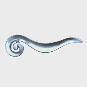 May include: A silver-colored, decorative door handle with a curved, flowing design. The handle features a spiral detail on one end and a smooth, elongated shape. The metal has a brushed finish, giving it a subtle sheen.